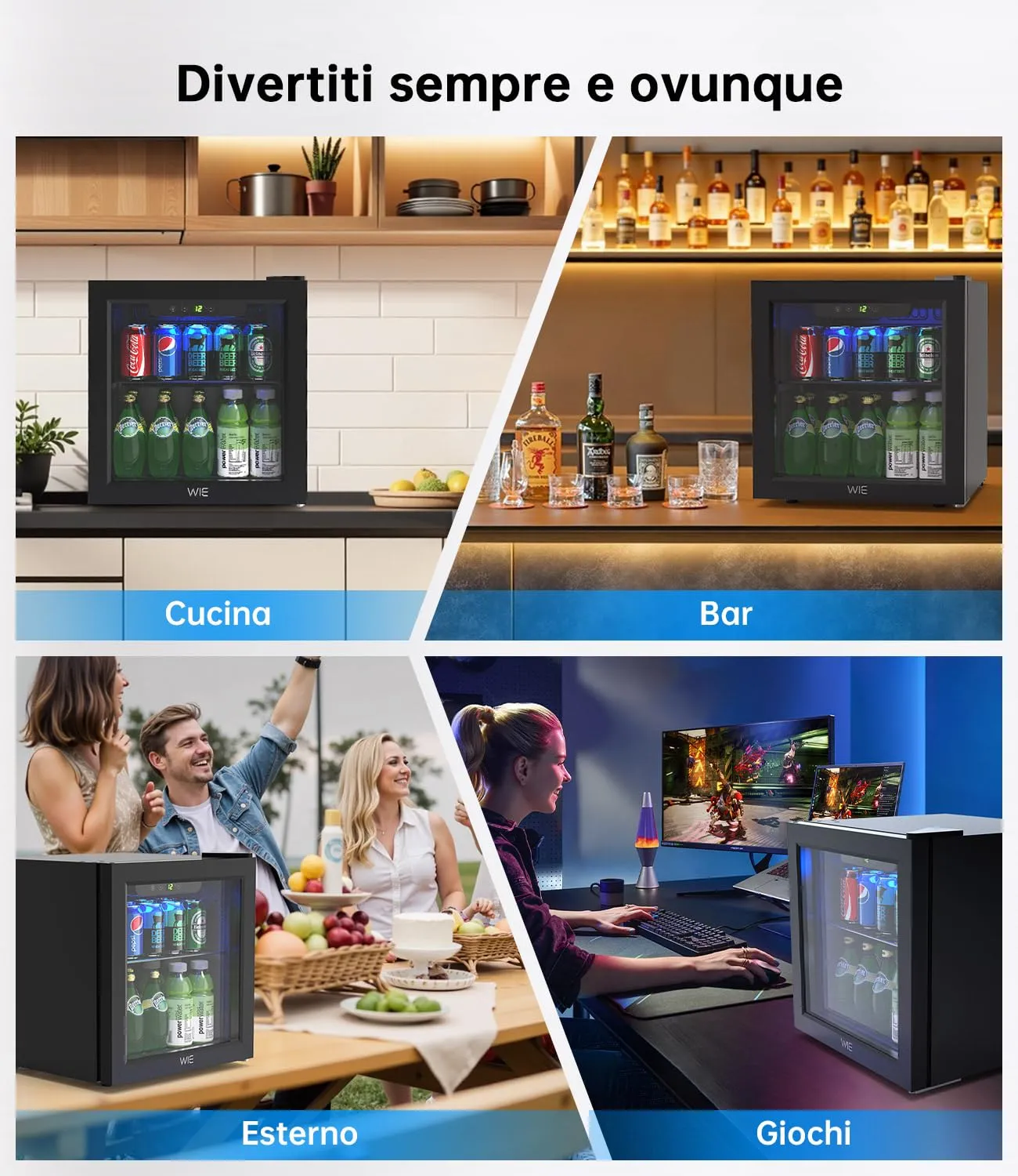 WIE Mini Frigo 36L con Compressore, Frigo Vetrina 55 Lattine, Temperatura Regolabile 4-16°C, Porta in Vetro, Silenzioso 43 dB, Classe E, LED, Porta Reversibile - Per Casa, Ufficio, Bar, Camper - immagine 8