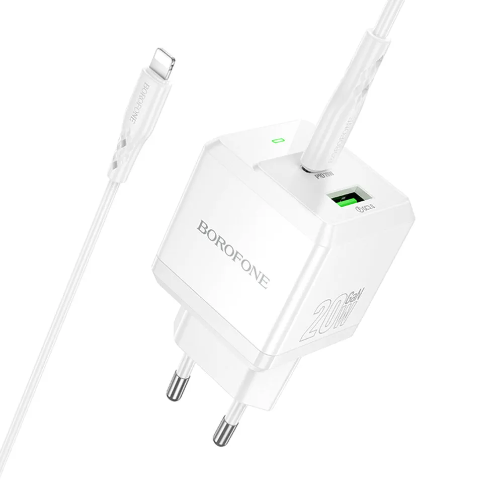 Caricabatterie da Rete con Cavo Lightning Borofone BN19 Intenso, 20W, 3A, 1 x USB-A - 1 x USB-C, Bianco - immagine 1