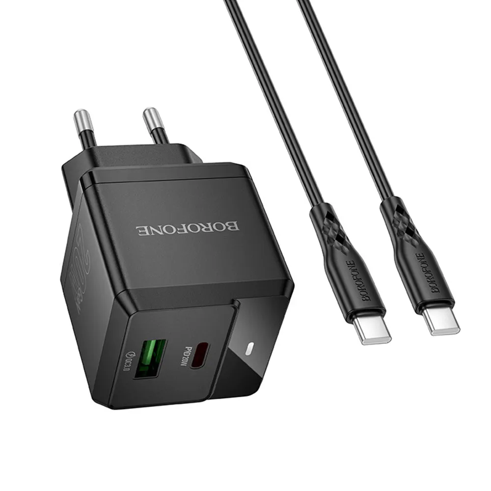 Caricabatterie da Rete con Cavo USB-C Borofone BN19 Intenso, 20W, 3A, 1 x USB-A - 1 x USB-C, Nero - immagine 1