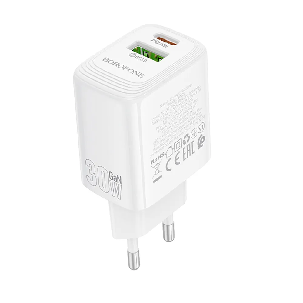 Caricabatterie Retea Borofone BN29 Fuente, 30W, 3A, 1 x USB-A - 1 x USB-C, Bianco - immagine 1