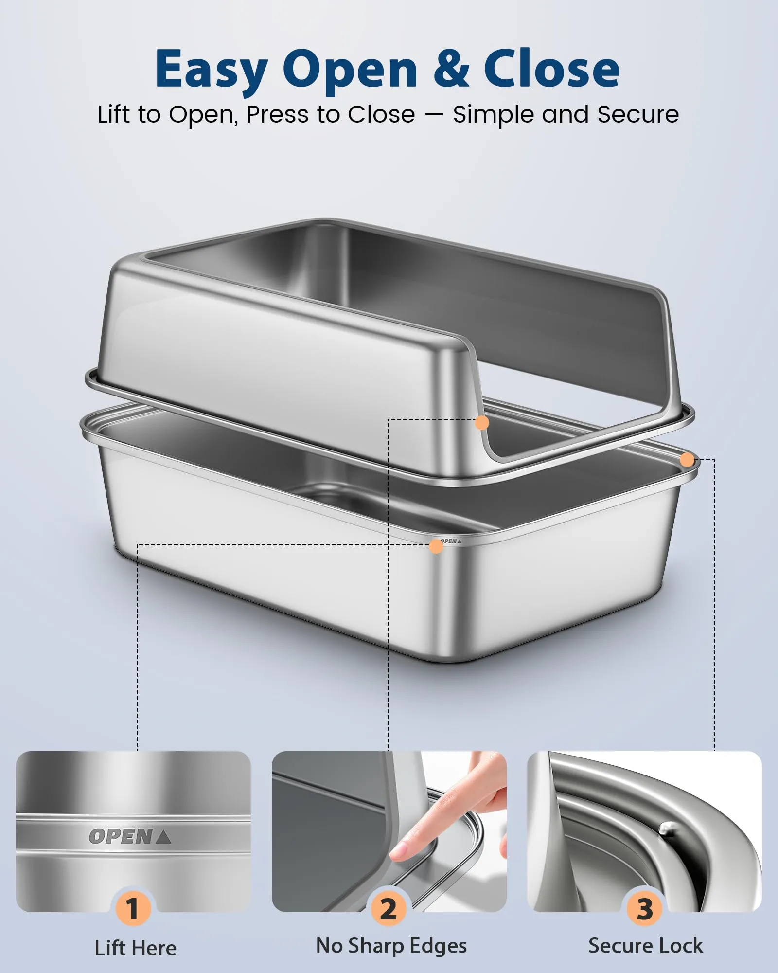 Lettiera Gatto Acciaio Inox, Lettiera per Gatti Grande XXL, Toilette Tutto in Metallo per Gatti, Sabbiera Alta Rimovibili, Antiodore, Facile da Pulire, Antiaderente e Spaziosa - immagine 3