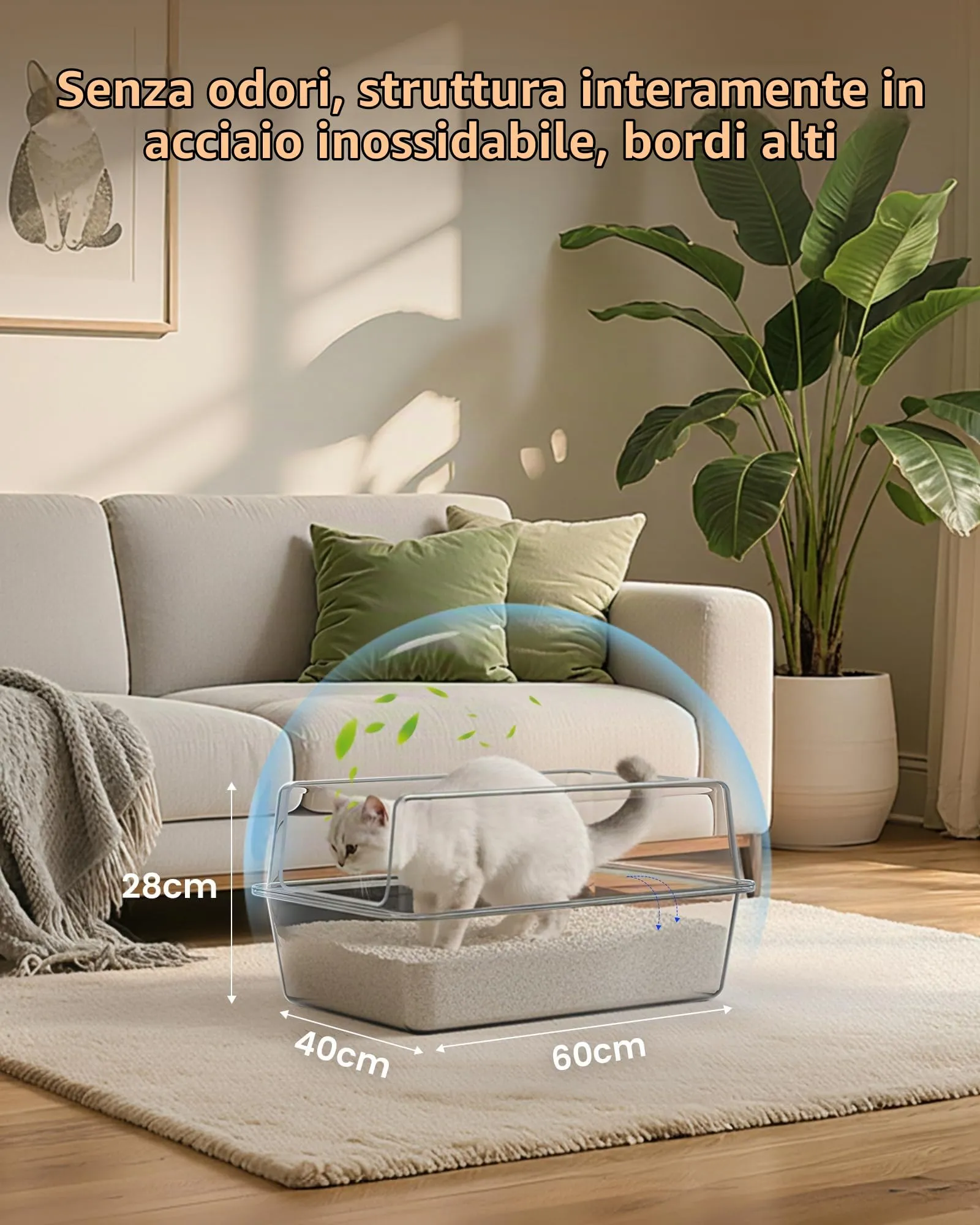 Lettiera Gatto Acciaio Inox, Lettiera per Gatti Grande XXL, Toilette Tutto in Metallo per Gatti, Sabbiera Alta Rimovibili, Antiodore, Facile da Pulire, Antiaderente e Spaziosa - immagine 4