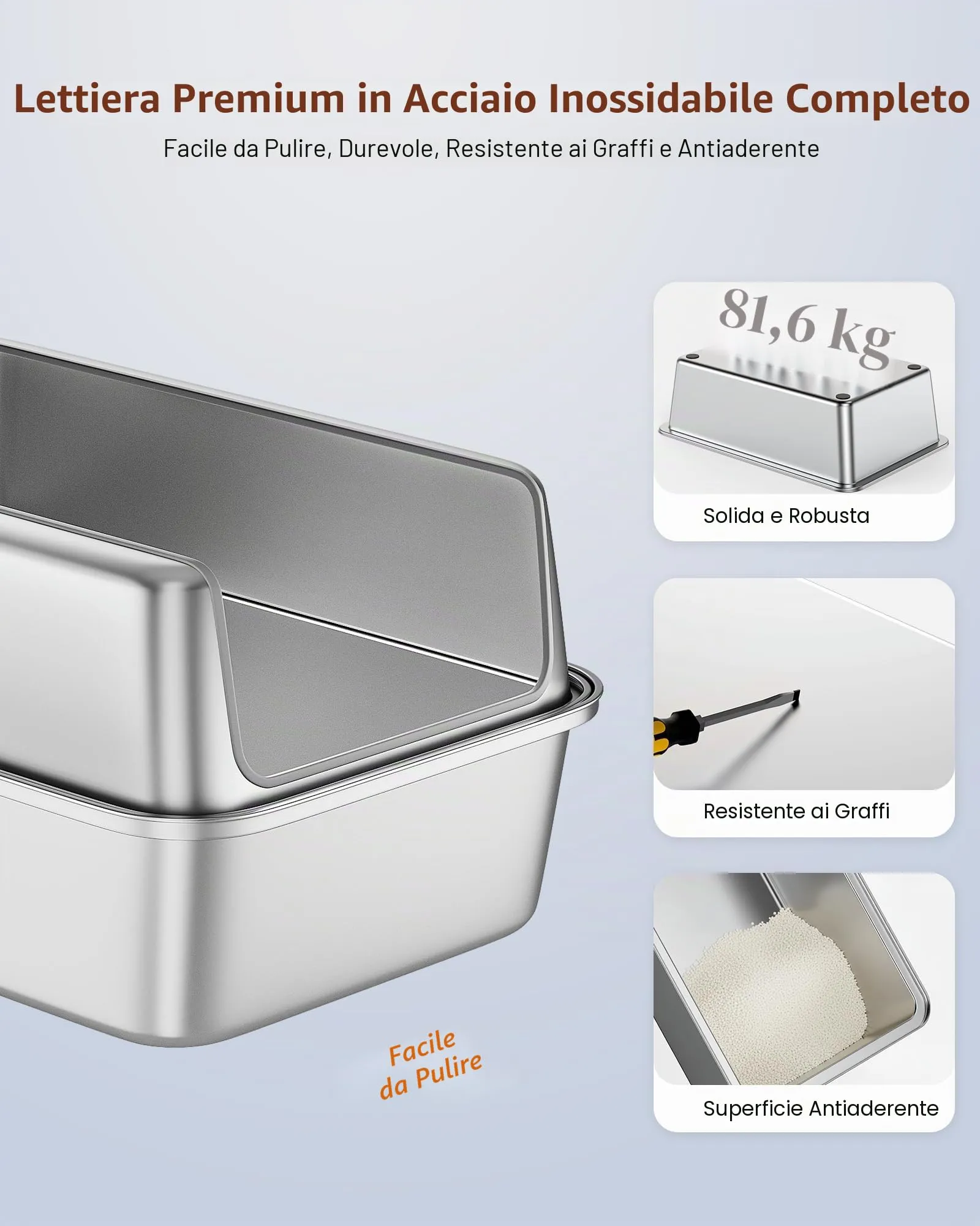 Lettiera Gatto Acciaio Inox, Lettiera per Gatti Grande XXL, Toilette Tutto in Metallo per Gatti, Sabbiera Alta Rimovibili, Antiodore, Facile da Pulire, Antiaderente e Spaziosa - immagine 5