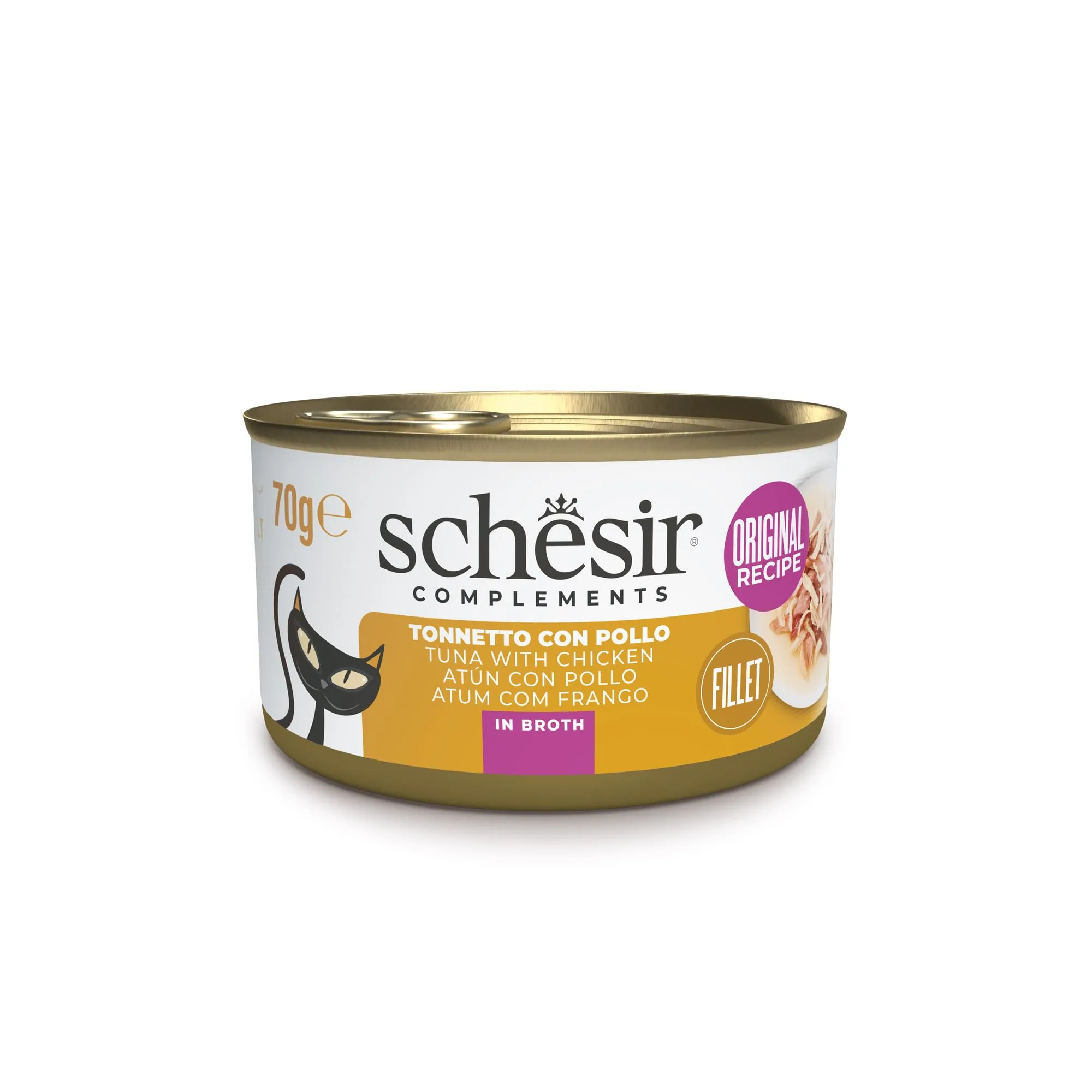 Schesir, Tonnetto con Pollo in Brodo, Alimento Umido Completo per Gatti, in Lattina, Ingredienti 100% Naturali, Cruelty Free, 12 x 70g - immagine 1