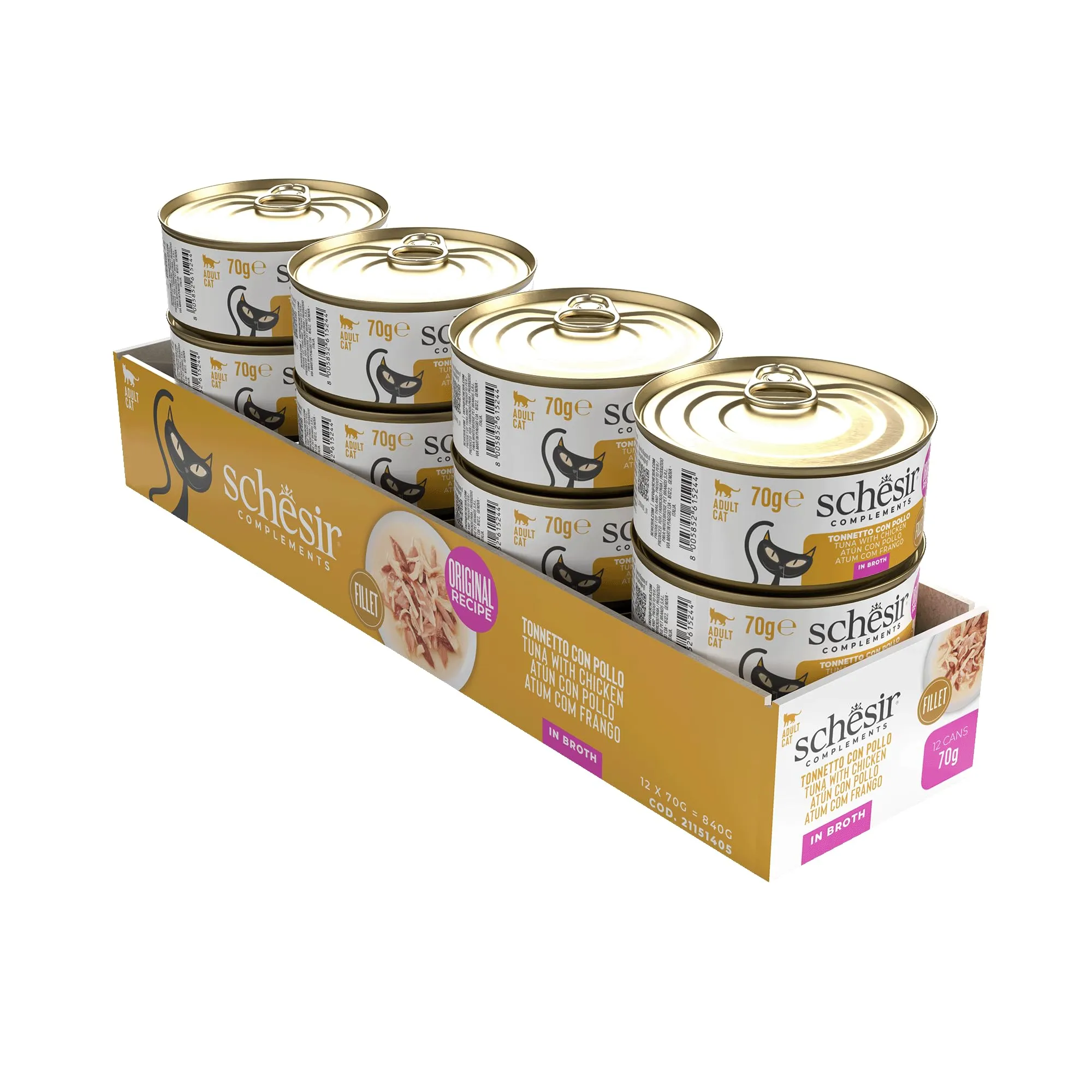 Schesir, Tonnetto con Pollo in Brodo, Alimento Umido Completo per Gatti, in Lattina, Ingredienti 100% Naturali, Cruelty Free, 12 x 70g - immagine 2