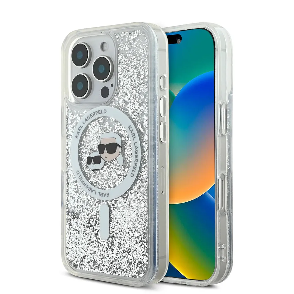 Custodia MagSafe per Apple iPhone 16 Pro Max, Karl Lagerfeld, Liquid Glitter Karl & Choupette's Heads, Trasparente - immagine 1