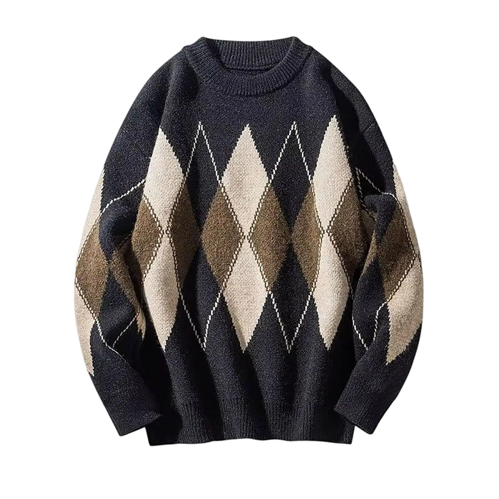 Argyle - Maglione da uomo con motivo a rombi, in jacquard, con scollo rotondo, invernale, lavorato a maglia, da lavoro, leggero, S1 nero, XL - immagine 3