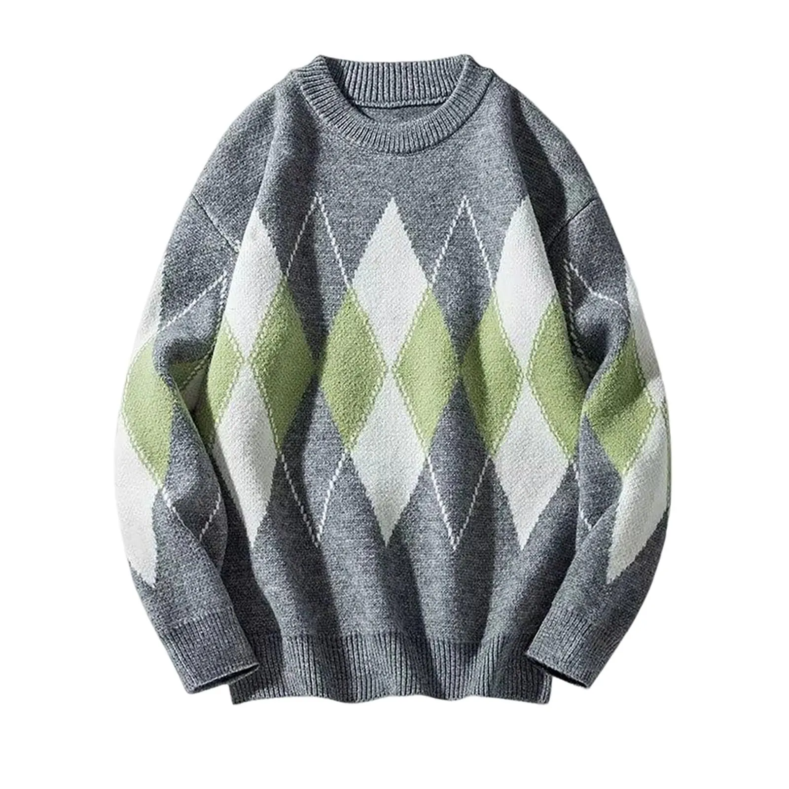 Argyle - Maglione da uomo con motivo a rombi, in jacquard, con scollo rotondo, invernale, lavorato a maglia, da lavoro, leggero, S1 grigio, 3XL - immagine 3