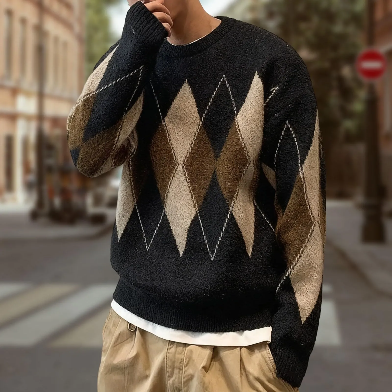 Argyle - Maglione da uomo con motivo a rombi, in jacquard, con scollo rotondo, invernale, lavorato a maglia, da lavoro, leggero, S1 nero, 3XL - immagine 2