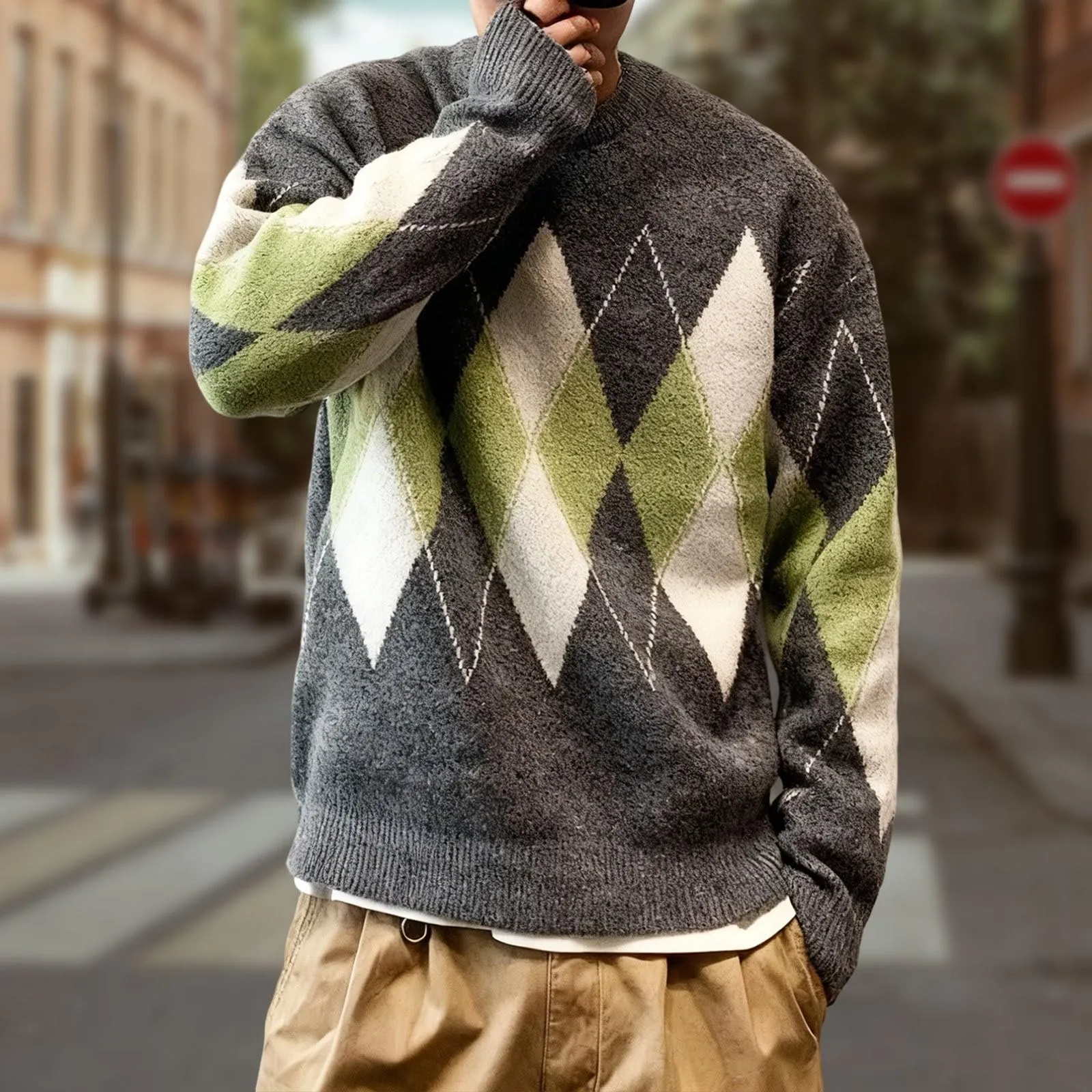 Argyle - Maglione da uomo con motivo a rombi, in jacquard, con scollo rotondo, invernale, lavorato a maglia, da lavoro, leggero, S1 grigio, XL - immagine 2