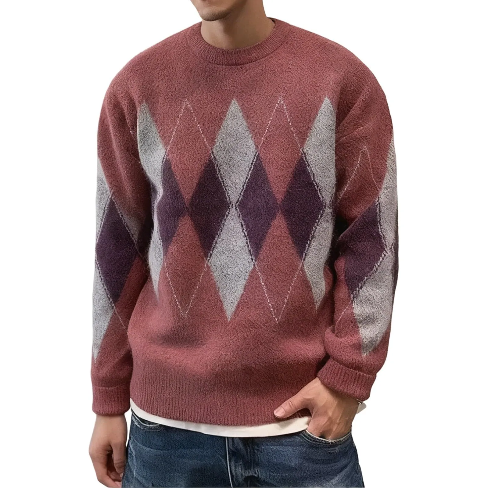 Argyle - Maglione da uomo con motivo a rombi, in jacquard, con scollo rotondo, invernale, lavorato a maglia, da lavoro, leggero, S1 rosso, L - immagine 1