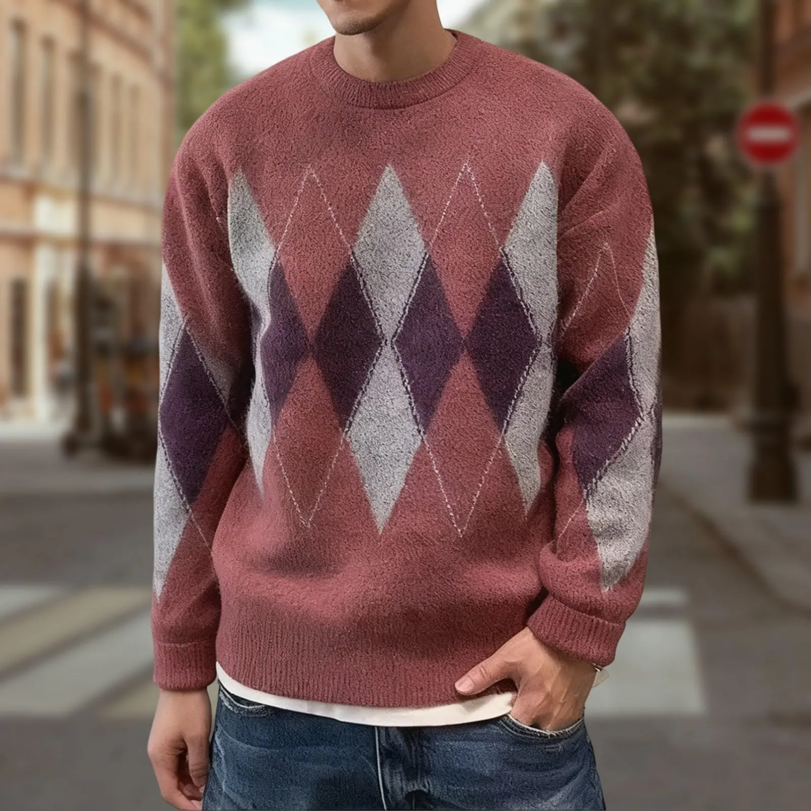 Argyle - Maglione da uomo con motivo a rombi, in jacquard, con scollo rotondo, invernale, lavorato a maglia, da lavoro, leggero, S1 rosso, L - immagine 2