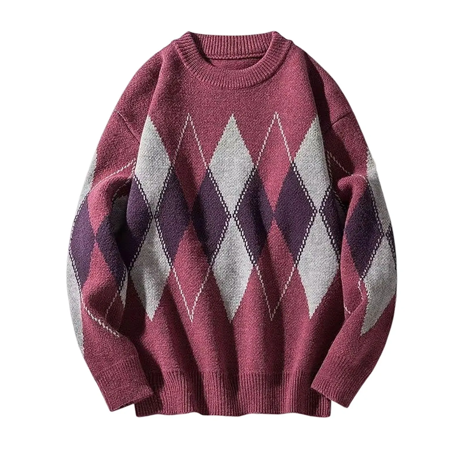 Argyle - Maglione da uomo con motivo a rombi, in jacquard, con scollo rotondo, invernale, lavorato a maglia, da lavoro, leggero, S1 rosso, L - immagine 3