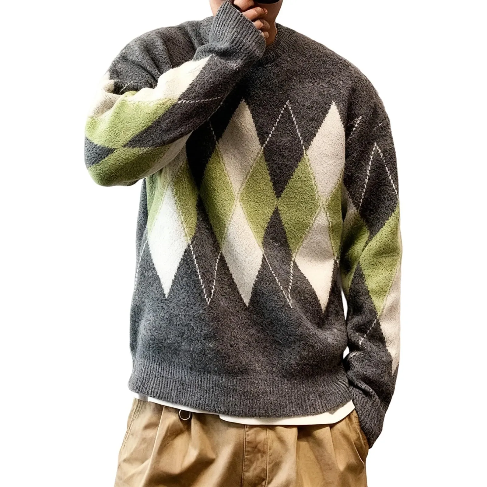 Argyle - Maglione da uomo con motivo a rombi, in jacquard, con scollo rotondo, invernale, lavorato a maglia, da lavoro, leggero, S1 grigio, L - immagine 1