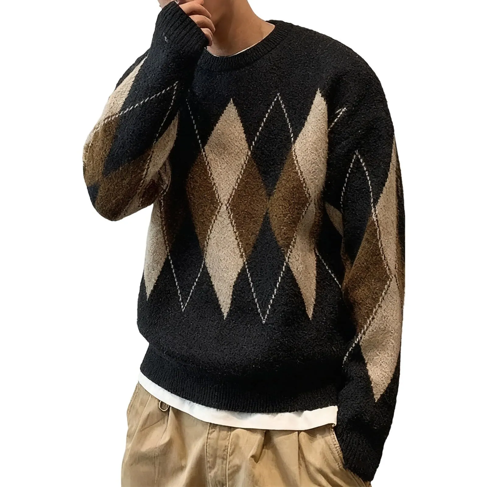 Argyle - Maglione da uomo con motivo a rombi, in jacquard, con scollo rotondo, invernale, lavorato a maglia, da lavoro, leggero, S1 nero, XXL - immagine 1