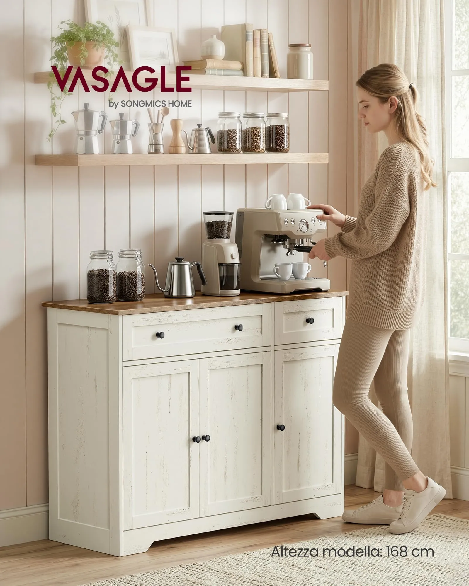 VASAGLE Siren Collezione Credenza Madia, Mobile Soggiorno in Truciolato, Buffet per Cucina e Ingresso, Ripiani Regolabili, 106,8 x 40 x 80 cm, Bianco Nuvola, LSC531WJ01 - immagine 2
