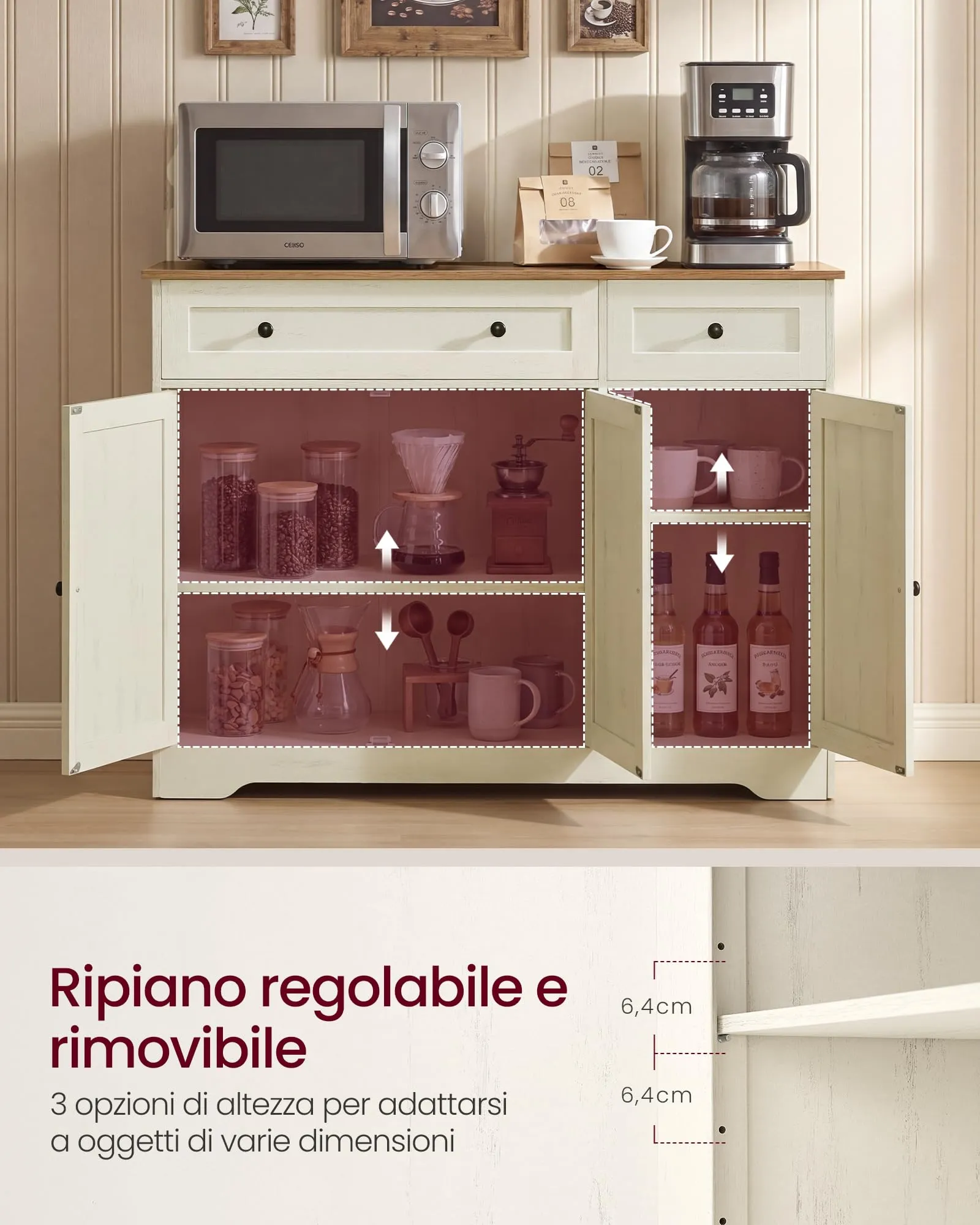 VASAGLE Siren Collezione Credenza Madia, Mobile Soggiorno in Truciolato, Buffet per Cucina e Ingresso, Ripiani Regolabili, 106,8 x 40 x 80 cm, Bianco Nuvola, LSC531WJ01 - immagine 3