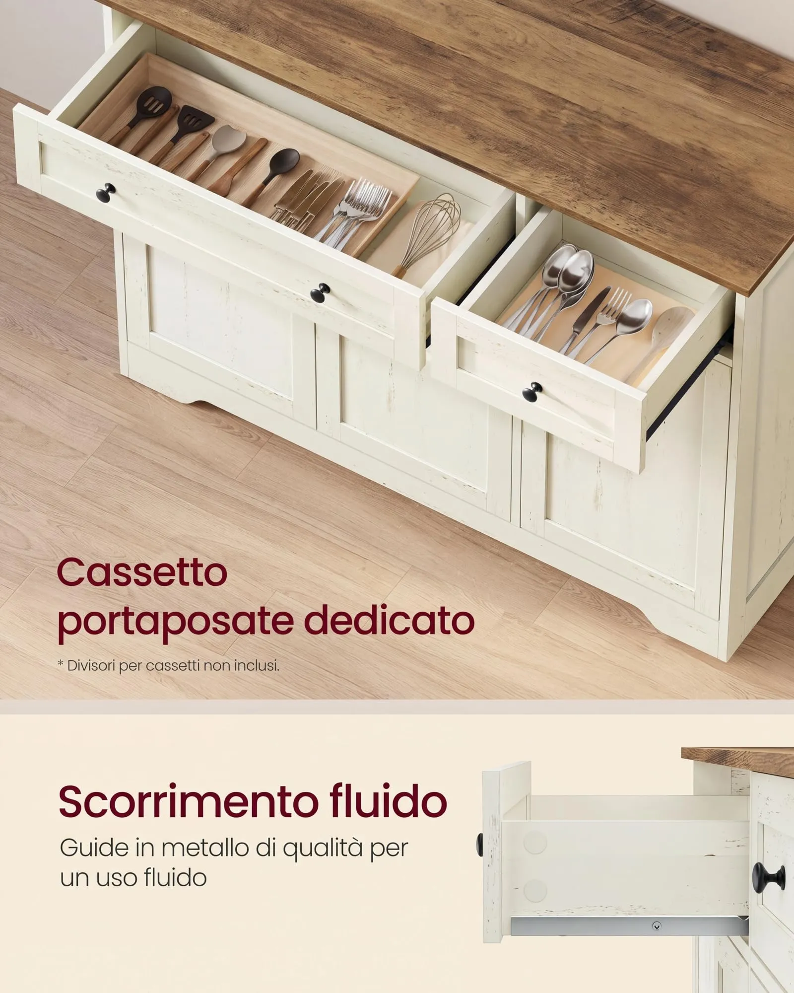 VASAGLE Siren Collezione Credenza Madia, Mobile Soggiorno in Truciolato, Buffet per Cucina e Ingresso, Ripiani Regolabili, 106,8 x 40 x 80 cm, Bianco Nuvola, LSC531WJ01 - immagine 4