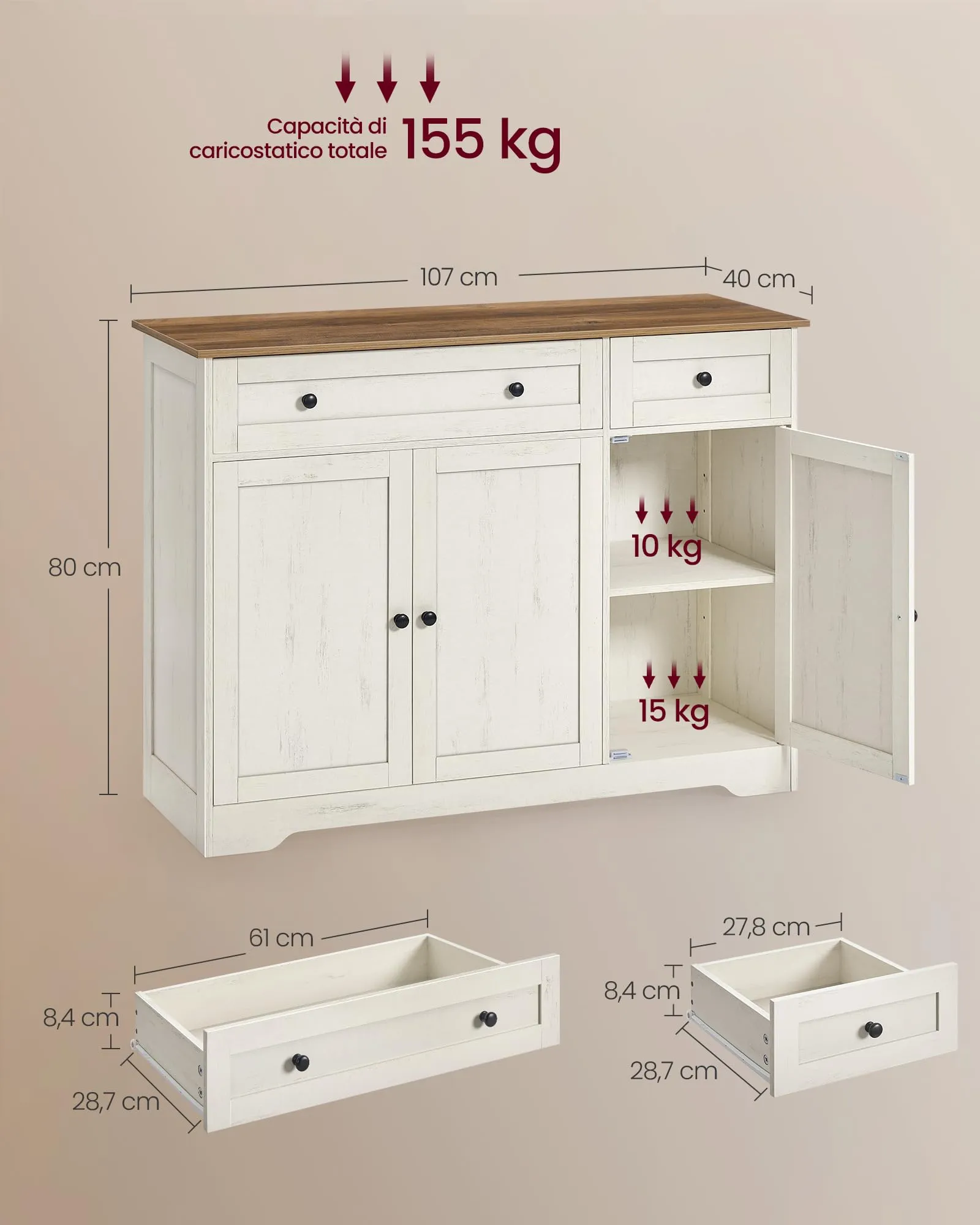 VASAGLE Siren Collezione Credenza Madia, Mobile Soggiorno in Truciolato, Buffet per Cucina e Ingresso, Ripiani Regolabili, 106,8 x 40 x 80 cm, Bianco Nuvola, LSC531WJ01 - immagine 5