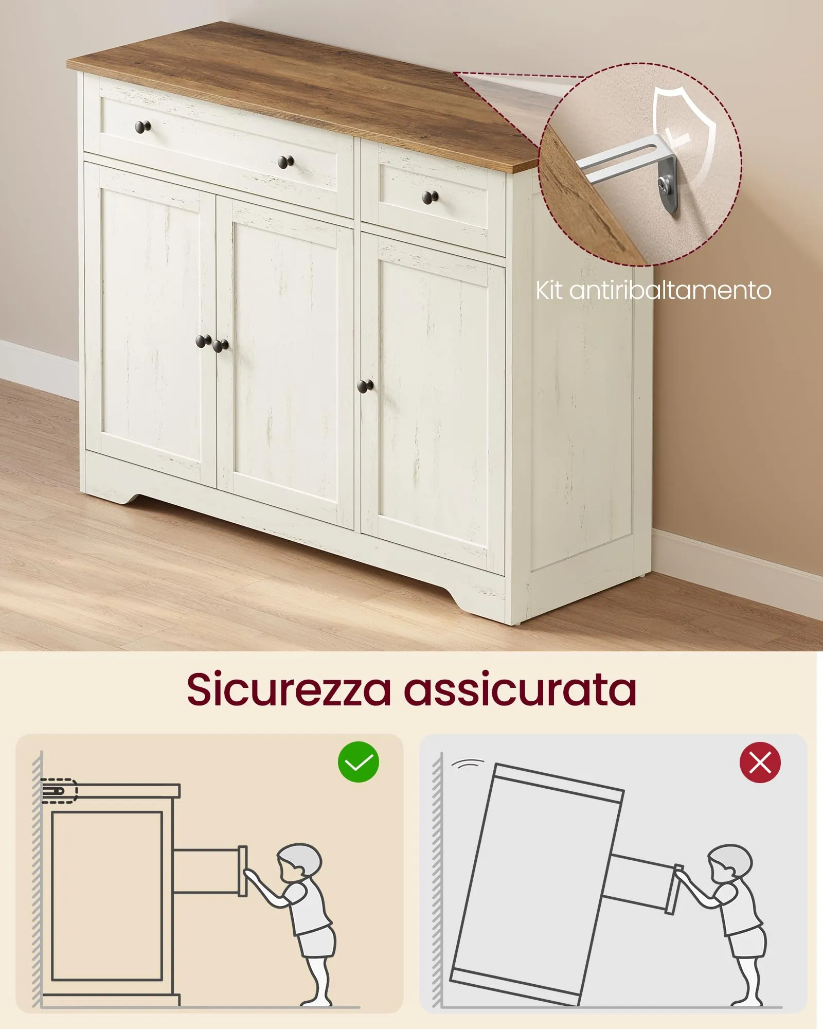 VASAGLE Siren Collezione Credenza Madia, Mobile Soggiorno in Truciolato, Buffet per Cucina e Ingresso, Ripiani Regolabili, 106,8 x 40 x 80 cm, Bianco Nuvola, LSC531WJ01 - immagine 6
