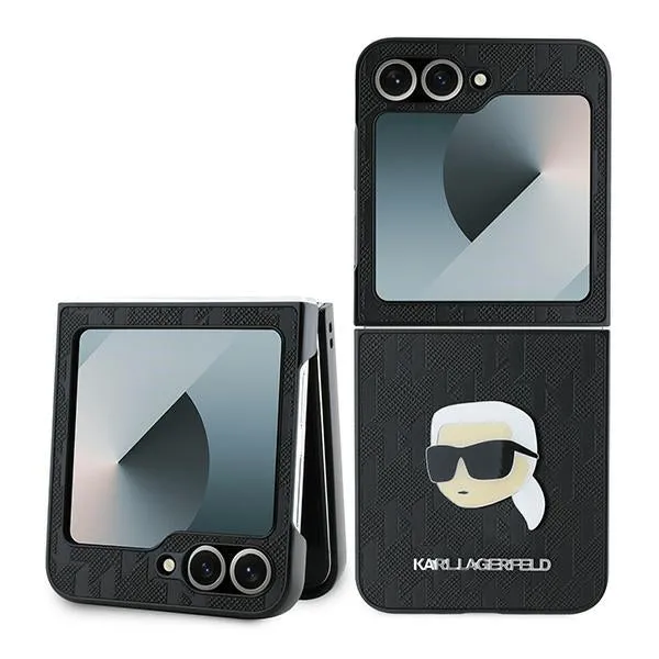 Custodia per Samsung Galaxy Z Flip7 FE F761 / Z Flip6 F741, Karl Lagerfeld, Saffiano Monogram Karl's Head Metal, Nera - immagine 1