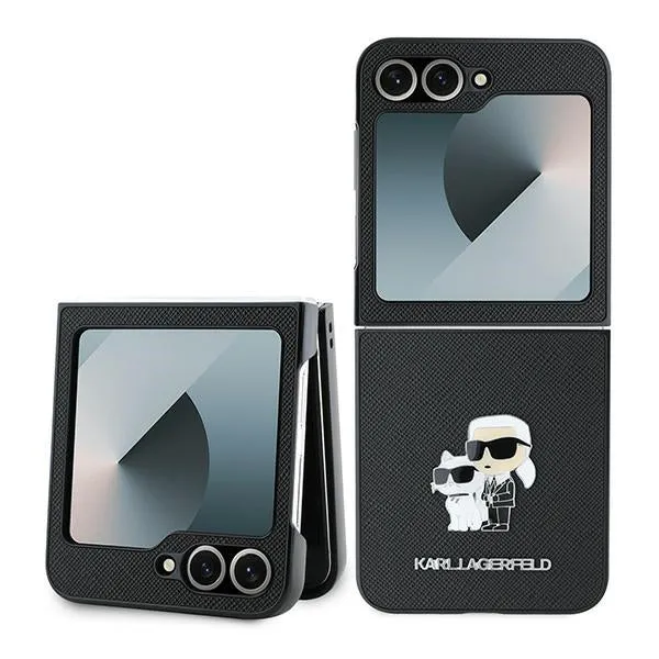Custodia per Samsung Galaxy Z Flip7 FE F761 / Z Flip6 F741, Karl Lagerfeld, Saffiano Karl & Choupette Metal, Nera - immagine 1