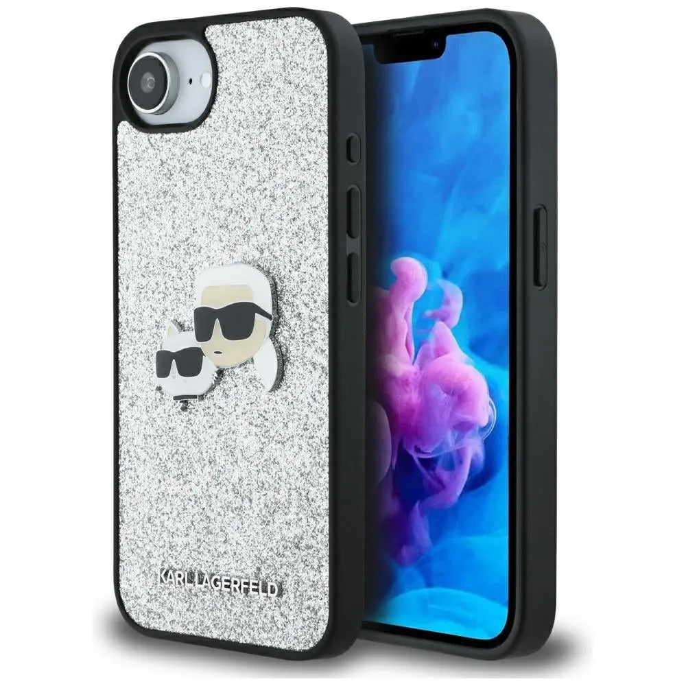 Custodia per Apple iPhone 17e / 16e, Karl Lagerfeld, Glitter Fixed Karl & Choupette's Heads, Argento - immagine 1