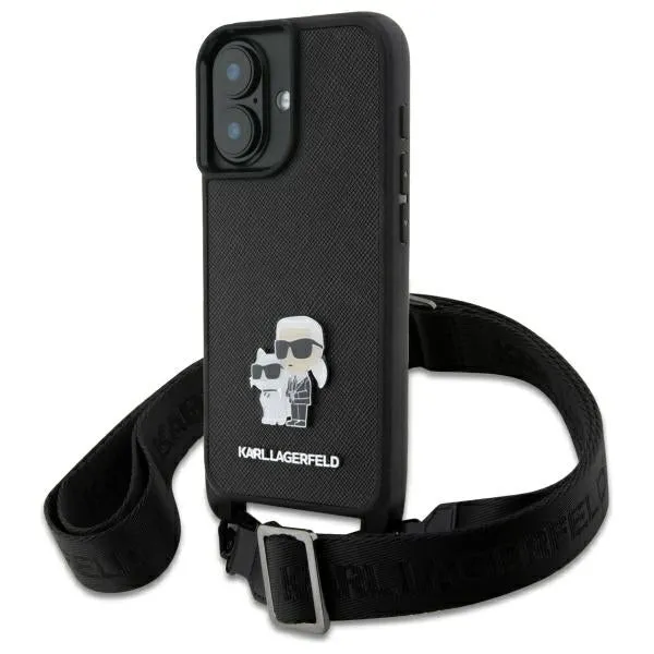 Custodia per Apple iPhone 16, Karl Lagerfeld, Saffiano Crossbody Metal Pin Karl & Choupette, Bianca - immagine 1