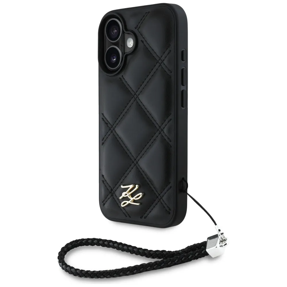 Custodia per Apple iPhone 16, Karl Lagerfeld, Quilted Initial Logo & Chain Strap, Nera - immagine 1