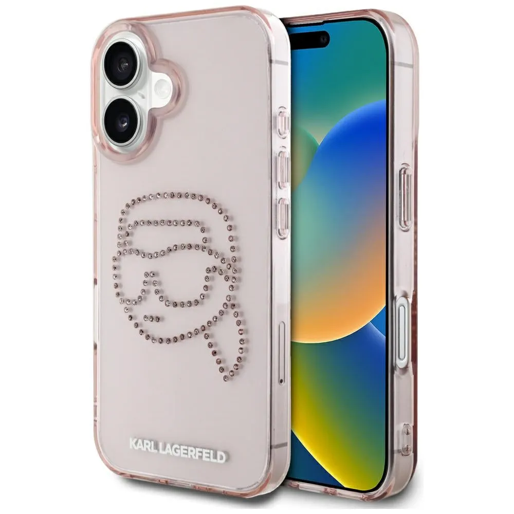 Custodia per Apple iPhone 16, Karl Lagerfeld, IML Rhinestones Karl's Head, Rosa - immagine 1