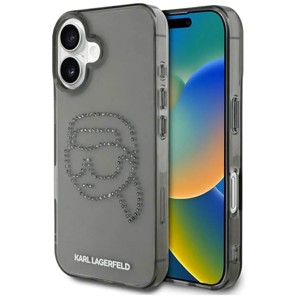 Custodia per Apple iPhone 16, Karl Lagerfeld, IML Rhinestones Karl's Head, Nera - immagine 1
