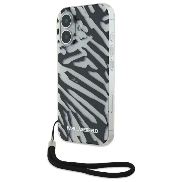 Custodia per Apple iPhone 16, Karl Lagerfeld, IML Luxury Zebra Pattern con Cinturino, Nera - immagine 1