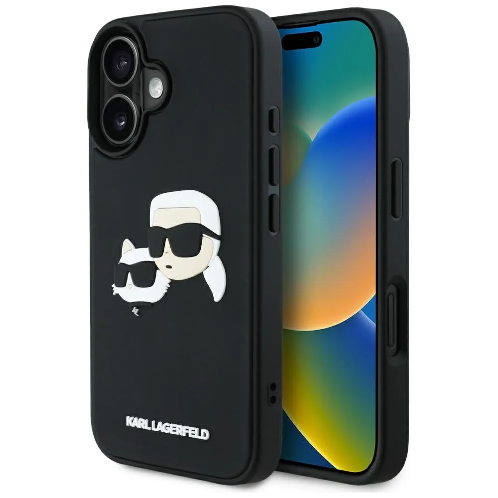 Custodia per Apple iPhone 16, Karl Lagerfeld, 3D Rubber Karl & Choupette, Nera - immagine 1