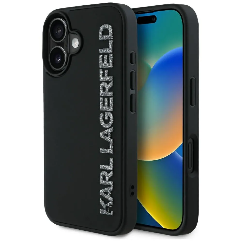 Custodia per Apple iPhone 16, Karl Lagerfeld, 3D Rubber Elongated Glitter Logo, Nera - immagine 1