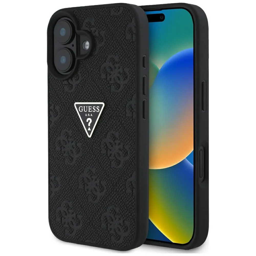 Custodia per Apple iPhone 16, Guess, Hot Stamp 4G Pattern Triangle Logo, Nera - immagine 1