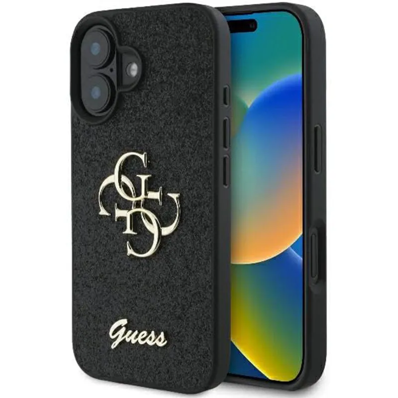 Custodia per Apple iPhone 16, Guess, Fixed Glitter Big 4G, Nera - immagine 1