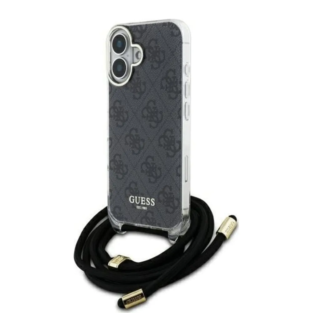 Custodia per Apple iPhone 16, Guess, Crossbody Cord 4G Print, Nera - immagine 1