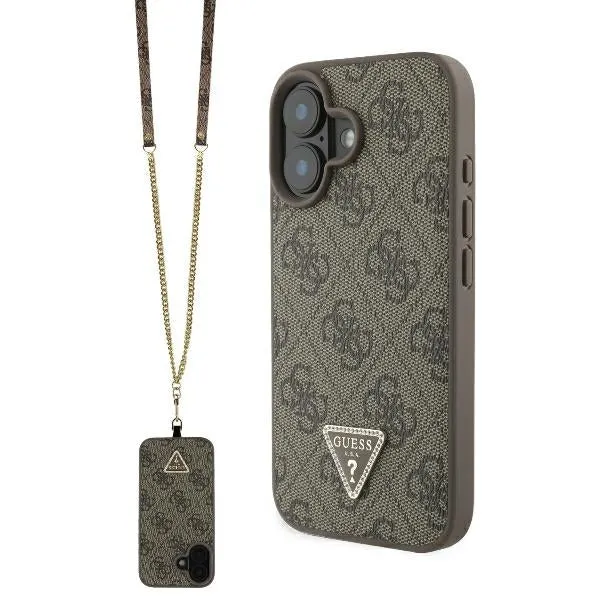 Custodia per Apple iPhone 16, Guess, Crossbody 4G Triangle Strass, Marrone - immagine 1
