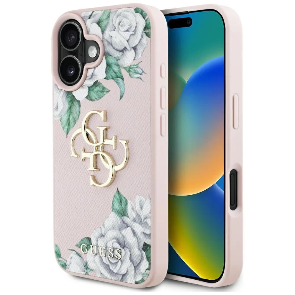 Custodia per Apple iPhone 16, Guess, 4G Grained Roses Big Logo, Rosa - immagine 1