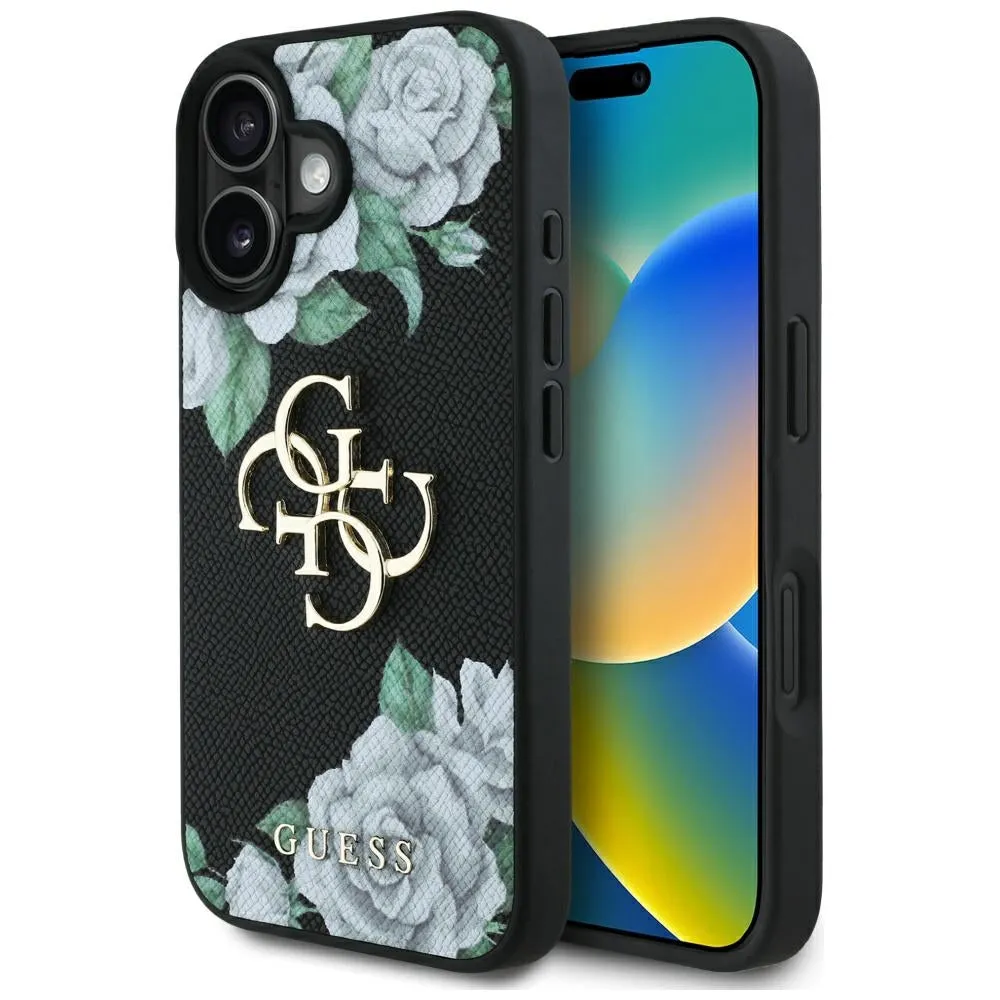 Custodia per Apple iPhone 16, Guess, 4G Grained Roses Big Logo, Nera - immagine 1