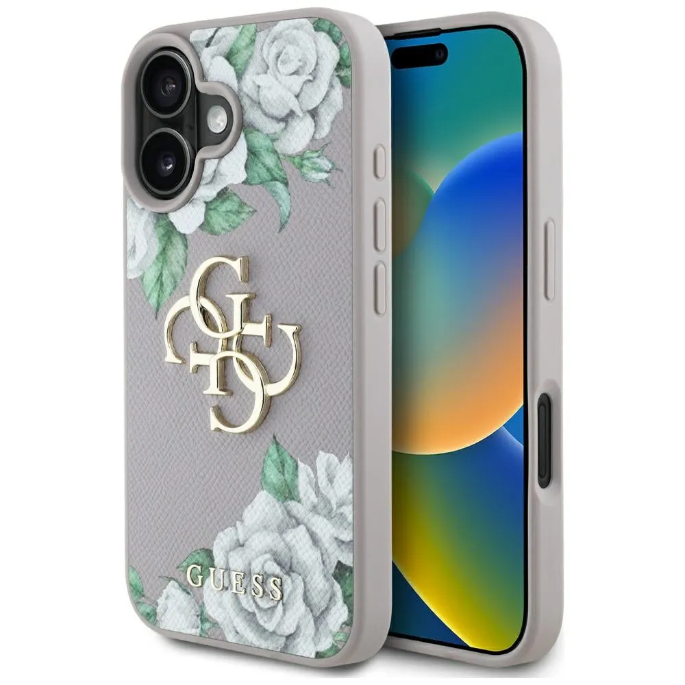 Custodia per Apple iPhone 16, Guess, 4G Grained Roses Big Logo, Viola - immagine 1