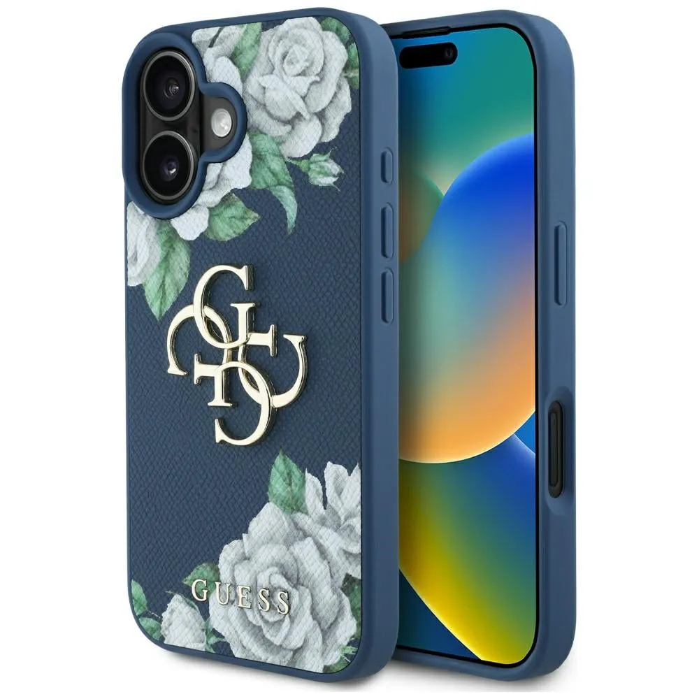 Custodia per Apple iPhone 16, Guess, 4G Grained Roses Big Logo, Blu - immagine 1