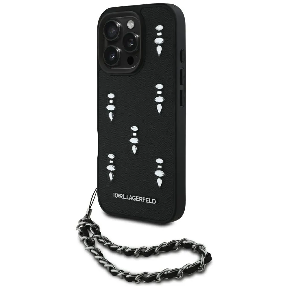 Custodia per Apple iPhone 16 Pro, Karl Lagerfeld, Saffiano Crystals & Charm, Nera - immagine 1