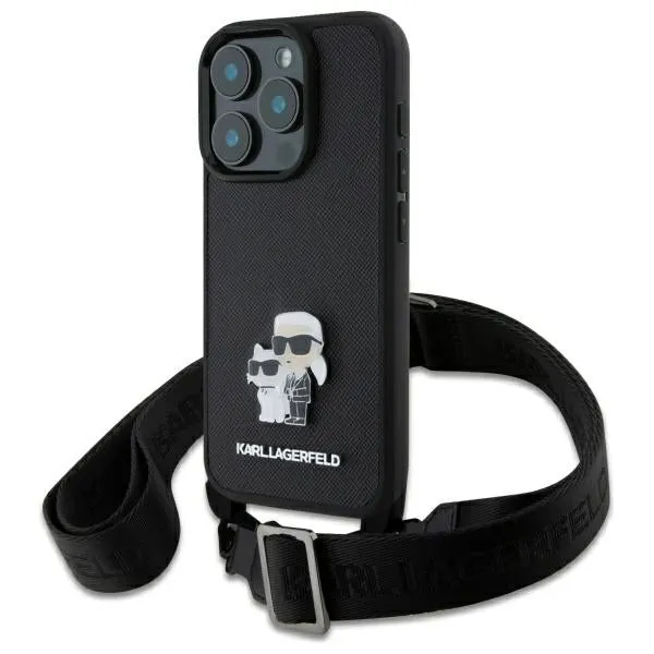 Custodia per Apple iPhone 16 Pro, Karl Lagerfeld, Saffiano Crossbody Metal Pin Karl & Choupette, Nera - immagine 1