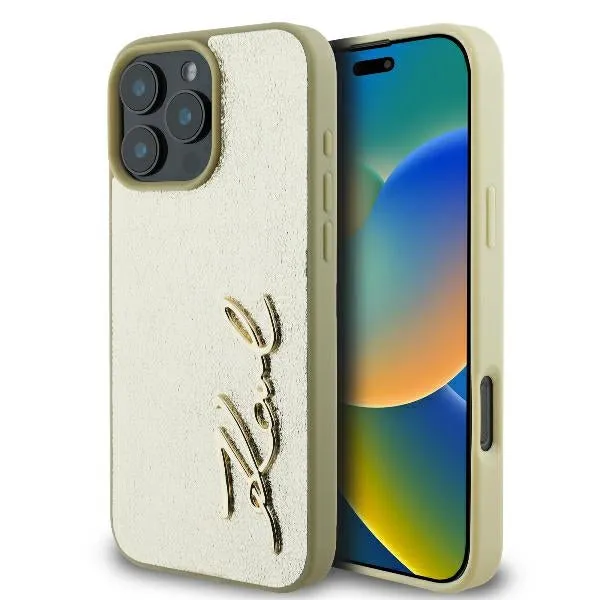 Custodia per Apple iPhone 16 Pro, Karl Lagerfeld, Metal Signature, Dorata - immagine 1