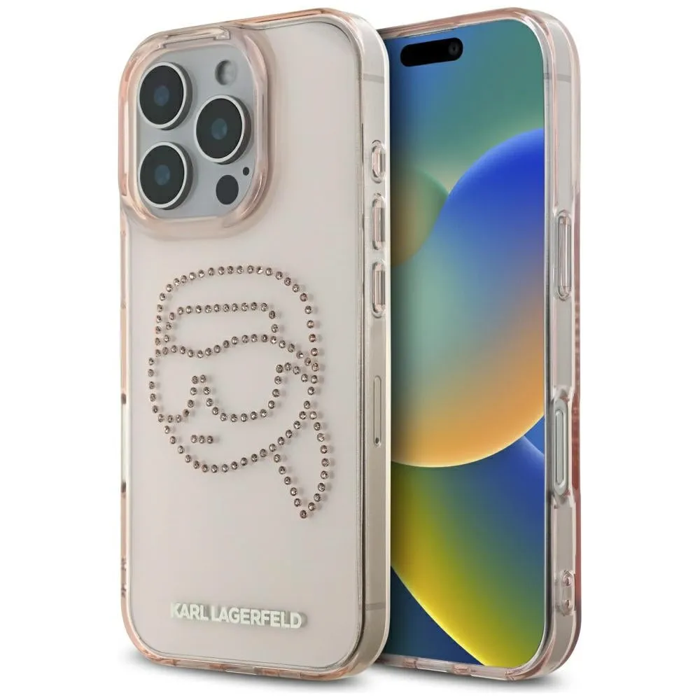 Custodia per Apple iPhone 16 Pro, Karl Lagerfeld, IML Rhinestones Karl's Head, Rosa - immagine 1