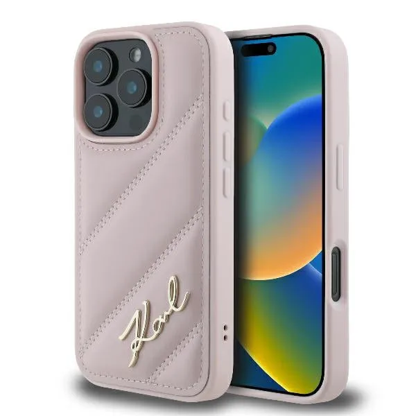 Custodia per Apple iPhone 16 Pro, Karl Lagerfeld, Diagonal Quilted Script, Rosa - immagine 1