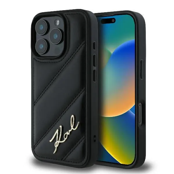 Custodia per Apple iPhone 16 Pro, Karl Lagerfeld, Diagonal Quilted Script, Nera - immagine 1