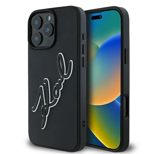Custodia per Apple iPhone 16 Pro, Karl Lagerfeld, 3D Rubber Signature, Nera - immagine 1