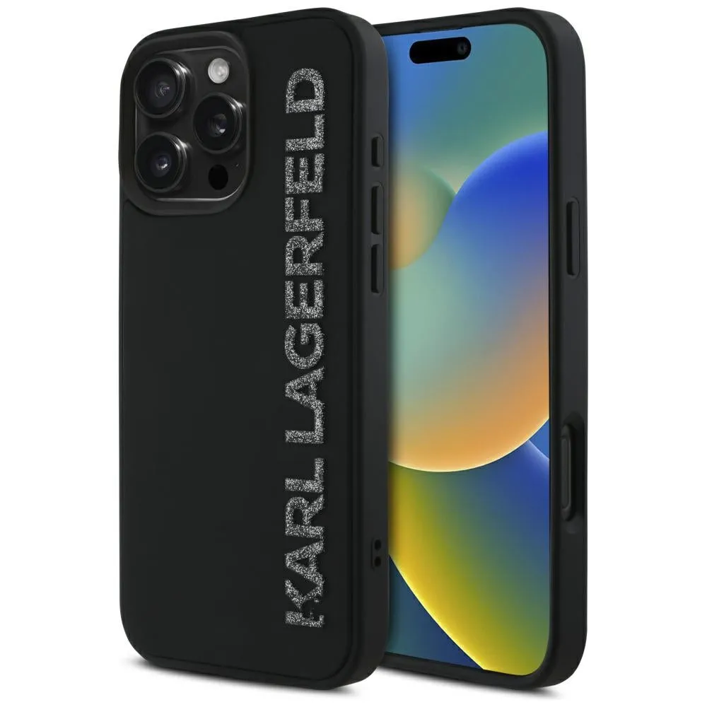 Custodia per Apple iPhone 16 Pro, Karl Lagerfeld, 3D Rubber Elongated Glitter Logo, Nera - immagine 1
